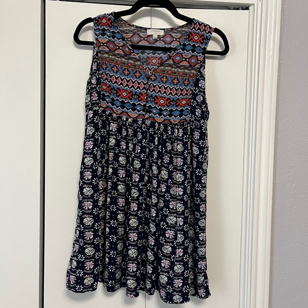 Umgee USA Floral Print Sleeveless Dress Bohemian Embroidered Details‎